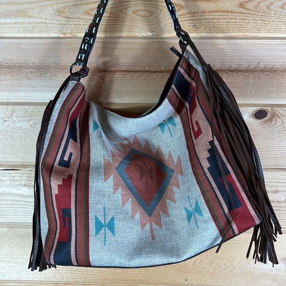 Pattern fringe HOBO bag multi colors, Size 16"x13"x5.5" - Picture 2 of 9